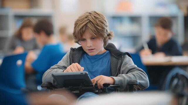 student using tablet with accessibility features while classmates work nearby