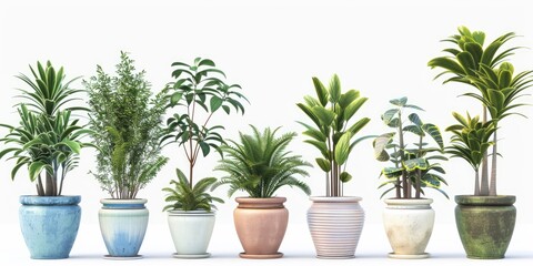 Obraz premium Set of various potted plants isolated on a white background. Different types of indoor greenhouse plants in pots with pastel colored ceramic planters in a flat lay front view.