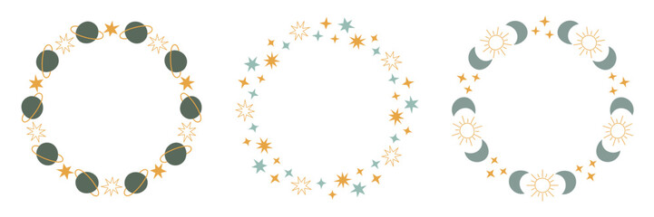 Set of celestial circle frames with moon, sun, stars and planet. Mystic esoteric universe concept. Design elements for print, banner, poster, social media 