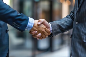 Close-up of two men in business suits shaking hands outdoors,  blurred city background suggesting a business deal or partnership