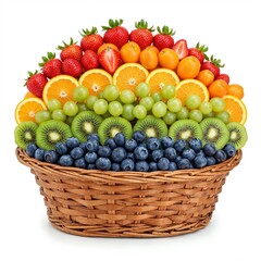 Decorative basket with mixed seasonal fruits in rainbow color order on white background