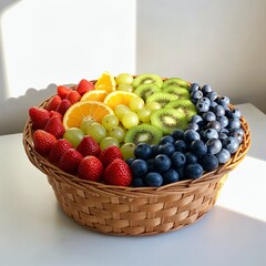 Decorative basket with mixed seasonal fruits in rainbow color order on white background