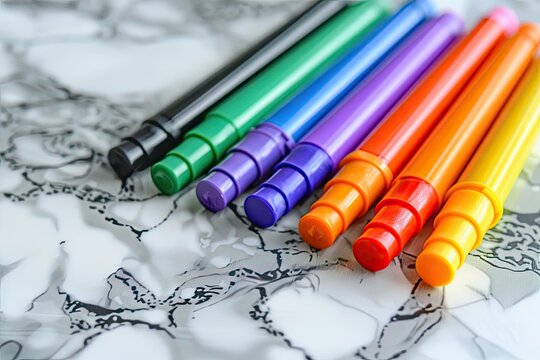 Colorful markers arranged in a row on a marble surface, showcasing their vibrant hues and sleek design