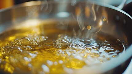 Pan with oil being poured into it. Realistic video of olives and olives sizzling on pan. A kitchen with a shallow depth of 4k clarity and a high aspect ratio. A skillet with oil being lifestyle added.