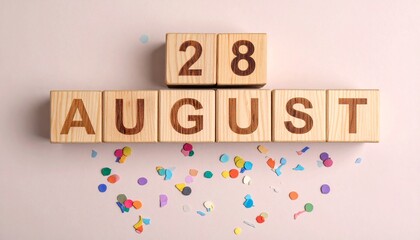 Wooden Blocks with Date 28 August. Calendar for birthday or anniversary on solid colored background with confetti