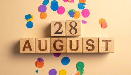 Wooden Blocks with Date 28 August. Calendar for birthday or anniversary on solid colored background with confetti
