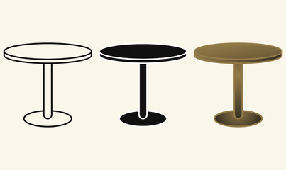 Round or circle table icon set in outline, silhouette, and colored style. Simple furniture symbol with circular top and pedestal base for home, cafe, restaurant, and interior design.