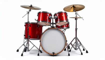 A glossy red drum set stands poised&mdash;bass, toms, snare, cymbals&mdash;against a white void. A metaphor for rhythmic agency and the choreography of expressive control.