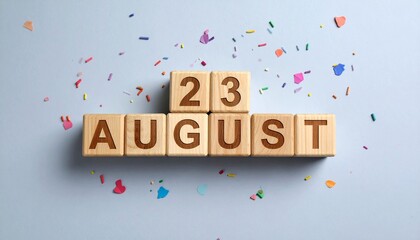 Wooden Blocks with Date 23 August. Calendar for birthday or anniversary on solid colored background with confetti