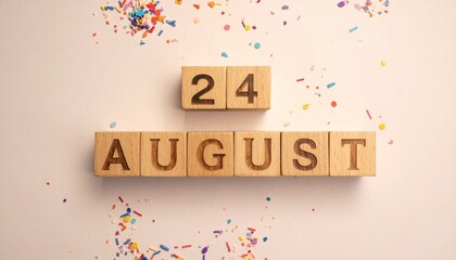 Wooden Blocks with Date 24 August. Calendar for birthday or anniversary on solid colored background with confetti