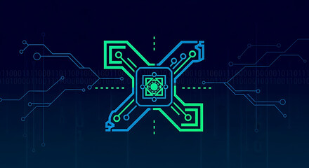 Abstract x shape with circuit board pattern in shades of green and blue on a dark background ai generated