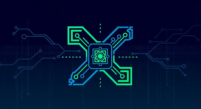 Abstract x shape with circuit board pattern in shades of green and blue on a dark background ai generated - Powered by Adobe