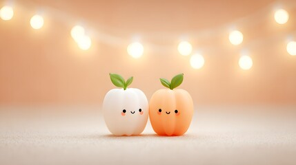 Joy Monster Pumpkin Cheerful cartoon fruits with cute faces against a soft background and glowing lights.