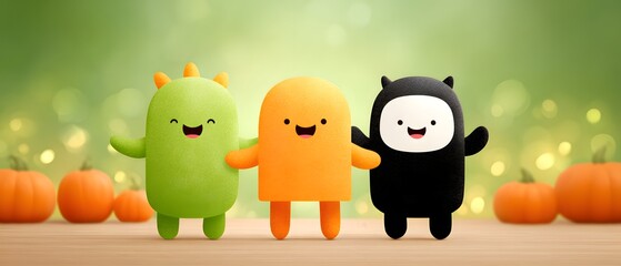 Joy Monster Pumpkin Colorful plush characters celebrate with pumpkins in a cheerful setting.