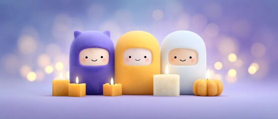 Joy Monster Pumpkin Three cute characters with candles and pumpkins in a whimsical, colorful setting.