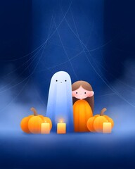 Joy Monster Pumpkin Whimsical illustration of a ghost and girl among pumpkins and candles in a spooky setting.