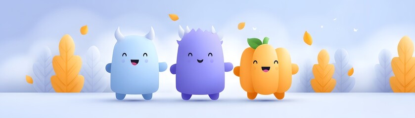 Joy Monster Pumpkin Three colorful cartoon characters with autumn leaves in a whimsical background.