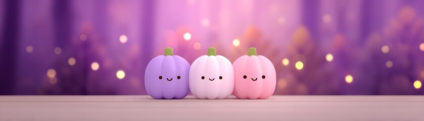Joy Monster Pumpkin Cute pastel pumpkins with smiling faces against a dreamy purple background.