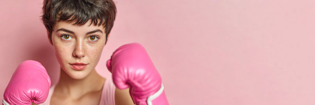 A young female boxer with short dark hair wearing pink boxing gloves on a pink background with copy space, a banner symbolizing struggle, strength of spirit, and courage - Powered by Adobe