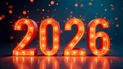 2026 Marquee Light Numbers with Glowing Bokeh on Festive Dark Background