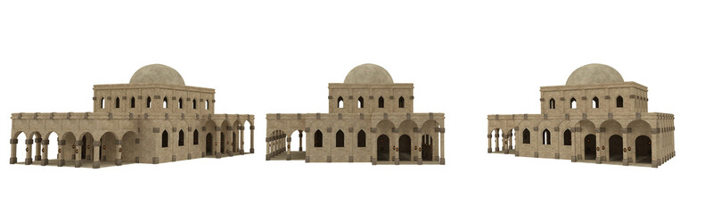 Muslim mosque building. Set of isolated 3D render from 3 angles.
