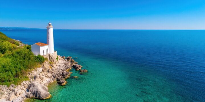 Lighthouse Concept. Lighthouse on rocky coast with clear blue sea and sky.