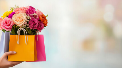 Hand with shopping bags and flower bouquet. Gift for mom. For holiday and retail backgrounds.