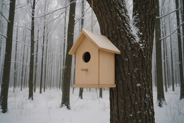 The trend towards creating shelters for wild animals. A cozy birdhouse for birds in a tree, surrounded by a beautiful winter landscape.
