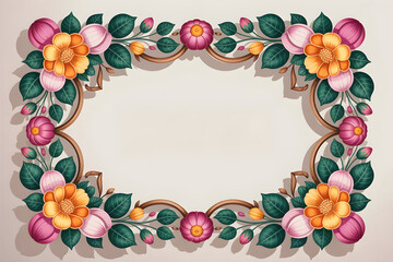 Obraz premium Floral Decorative Frame with Jasmine Lotus Marigolds and Banyan Leaves Indian Inspired Botanical Illustration