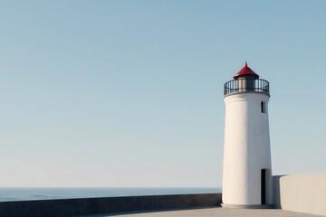 Fototapeta premium Lighthouse Concept. Lighthouse by the sea against a clear blue sky.