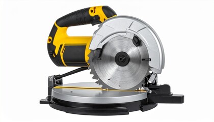 A miter saw with circular blade and pivoting arm rests on a stable base—evoking crafted precision, symbolic craftsmanship, and the rhythm of angular control in the language of construction.