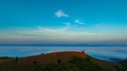 A breathtaking aerial view of a mist-covered forest at sunrise. The dramatic cloudscape and soft fog create a serene and mystical atmosphere. Misty Sunrise Over Forested Hills with layers of mountain
