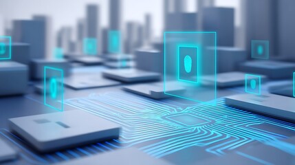 Futuristic Technology Concept of Fingerprint Recognition on Digital Circuit Board with Urban Background