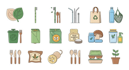 Hand Drawn Icons for Sustainable and Eco Friendly Living.