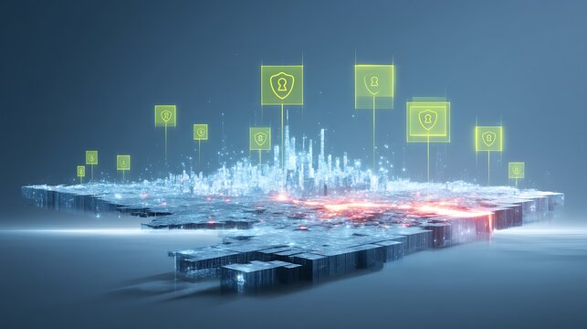 Futuristic Cityscape with Digital Security Icons and Concepts of Technology Innovations in Cyber Environment