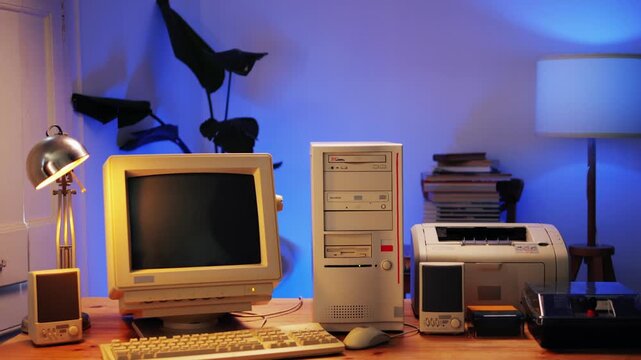 Retro pc computer gaming, Desktop vintage with loading code console, programmer making scripts, green basic screen, Old computer studio close-up, retro wave display, late 90s PC.