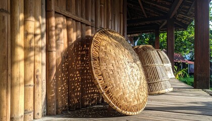 Rustic bamboo wall with traditional woven baskets in sunny light