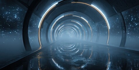 Futuristic tunnel with glowing rings and atmospheric perspective.