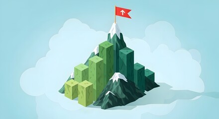 Visualizing strategic business objectives, professional advancement, and the path to ultimate success through a symbolic mountain of progress with a victorious flag waving at the peak