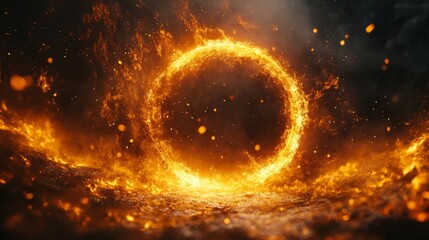 Obraz premium A futuristic portal made of fire and sparks against a dark background is suitable for illustrations of science fiction, mysterious phenomena, book covers, and movies.