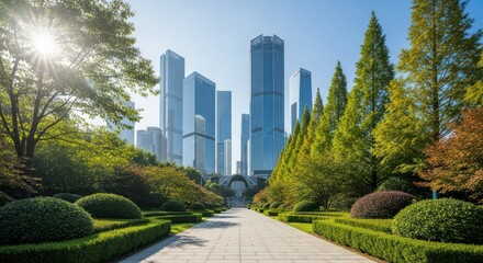 Fototapeta premium Urban green spaces in modern cityscapes with tall buildings