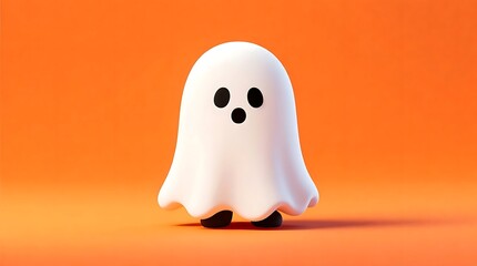 Fototapeta premium Cute White Ghost Character Standing on a Bright Orange Background