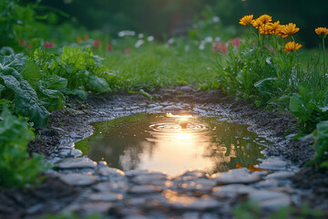 Reflective puddle on the ground.