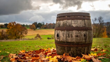 Obraz premium Rustic Wooden Barrel Surrounded by Colorful Autumn Leaves in Nature