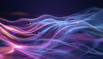 Naklejka premium Abstract artwork featuring flowing, luminous waves in shades of pink, blue, and purple, interspersed with shimmering particles