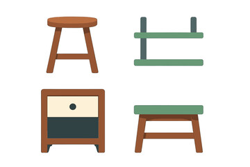 Modern wooden furniture design featuring stools, shelves, and nightstand in minimalist style