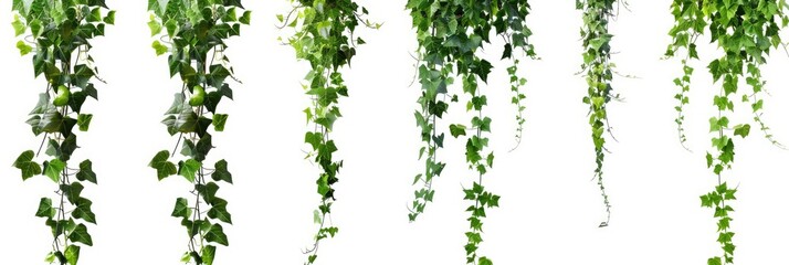 set of green ivy plants hanging on white background, png