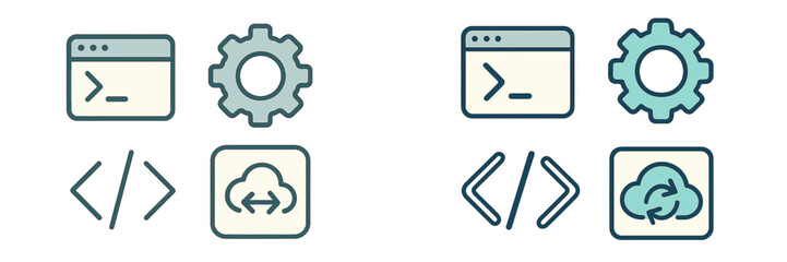 Symbols that represent technology and programming appearing in a creative layout across four squares