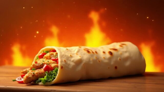 AI generated Animation hot shawarma on fire background. Chicken meat, vegetables and salad are wrapped in pita bread. Side view