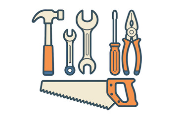 Set of six essential hand tools including a hammer, wrench, screwdriver, pliers, and saw arranged on a clean background